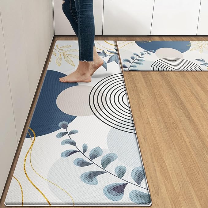 Kitchen Mats for Floor 2 PCS, Anti Fatigue Mat Set, Boho Cushioned Non Slip Waterproof Kitchen Rugs, Wipe Clean PVC Leather Runner for Sink, Laundry, Office, 17"x47"+17"x29", Blue