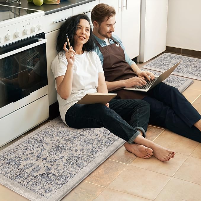 KIMODE Anti Fatigue Kitchen Mats, Floral Distressed Kitchen Rugs Sets of 2, Cushioned Non Skid Kitchen Mats for Floor, Comfort Kitchen Floor Mats for Sink, Laundry, Desk Blue Multi 17"x59"+17"x29"