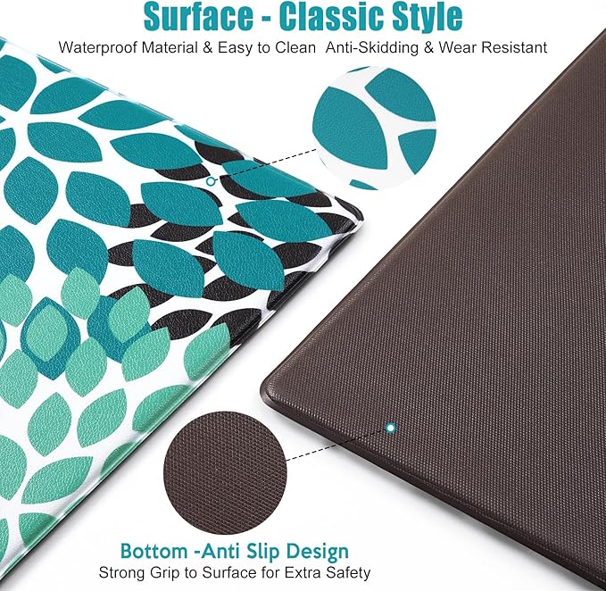 Likiyol Kitchen Mats for Floor [2 PCS] Anti-Fatigue Comfort Kitchen Rugs, Boho Flower Cushioned Waterproof Kitchen Decor Mat Thick, Standing Floor Mats for Home/Office, 18''x30''+18''x48''(Teal)
