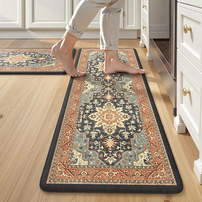 Kitchen Mats for Floor 2PCS Cushioned Anti Fatigue,Farmhouse Vintage Comfort Standing Kitchen Rugs Non Slip,Memory Foam Carpet for Laundry Office Bathroom,Blue