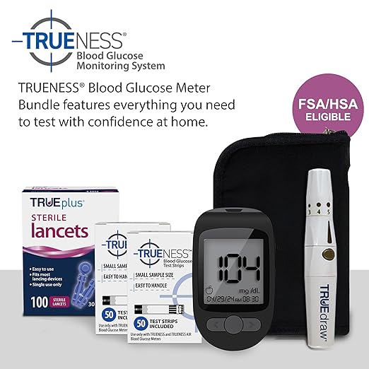 TRUENESS Blood Glucose Meter Bundle - Blood Glucose Monitor, Case, 100 Test Strips, 100 Lancets, Lancing Device - Fast, Easy Testing Supplies for Home Use