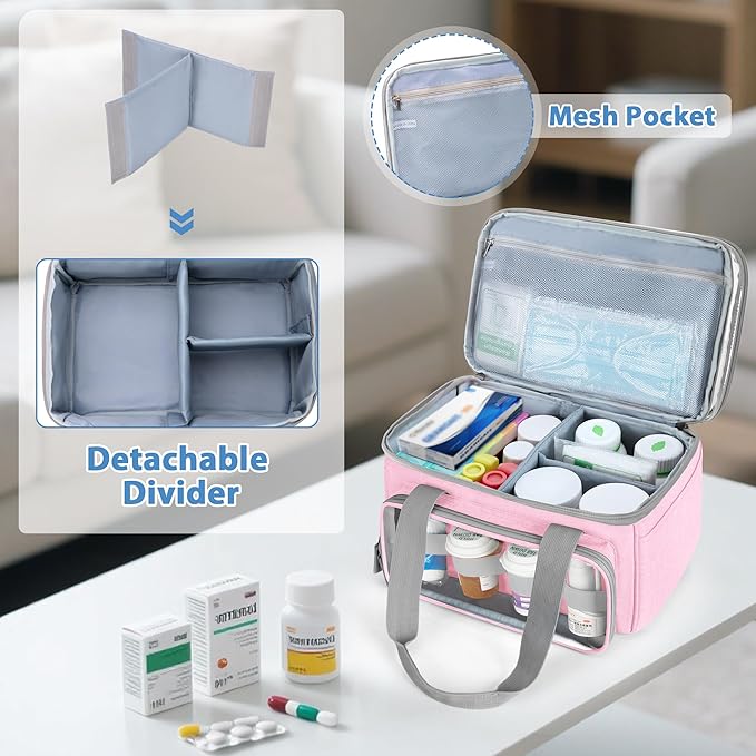 LUXJA Double-Layer Medicine Bag with Transparent Compartment, Pill Bottle Organizer with Detachable Divider (Suitable as a Home or Travel Medicine Bag), Pink