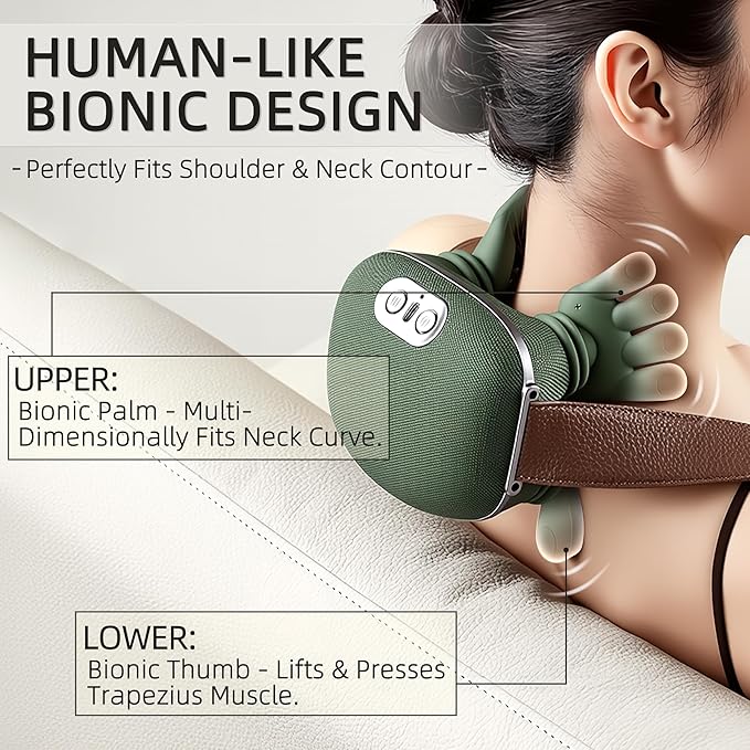 Neck Massager with Heat, Bionic Portable Shiatsu Neck and Back Massager, Electric Shoulder Massagers with Fingers for Pain Relief Deep Tissue, Simulated Human Hand Design 4D Kneading, Green