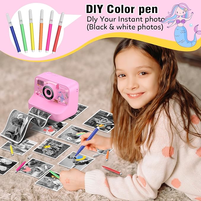 Instant Print Camera for Kids Age 3-12 Girls Boys 1080P HD Digital Video Cameras with 5 Print Paper & 32G Card Toddler Portable Travel Toys Camera for Christmas Birthday Gifts