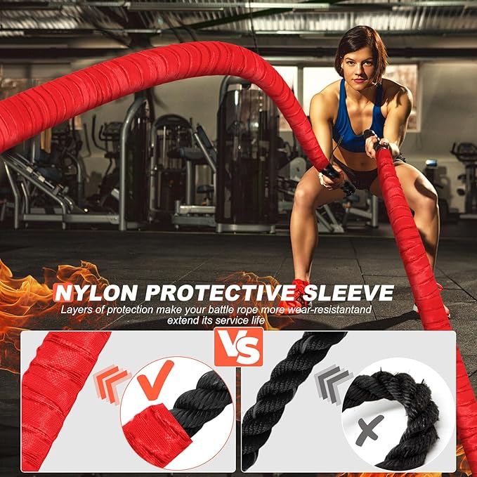 Battle Ropes for Home Gym Exercise - 1.5 Inch Diameter 30FT Red Battle Rope Workout Exercise Training Ropes with Protective Sleeve for Kids Men Women Exercise Fitness & Strength Training