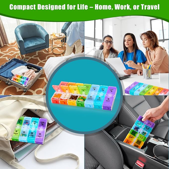 Weekly Pill Organizer 2 Times a Day, Large Pill Box 7 Day with Big AM/PM Compartments for Easy Filling, Push Button Pill Container Travel Pill Case Holder Dispenser for Supplement (Rainbow)