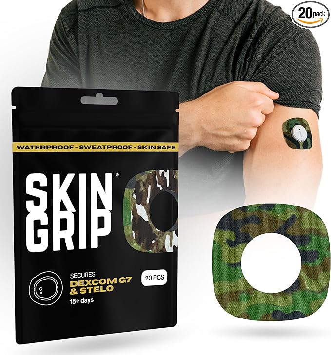 Skin Grip Adhesive Patches Compatible with Dexcom G7 & Stelo CGM with Cutout – Waterproof & Sweatproof Cover for Continuous Glucose Monitor Sensor, Stays Secure for 10-15 Days – 20 Pack, Camo