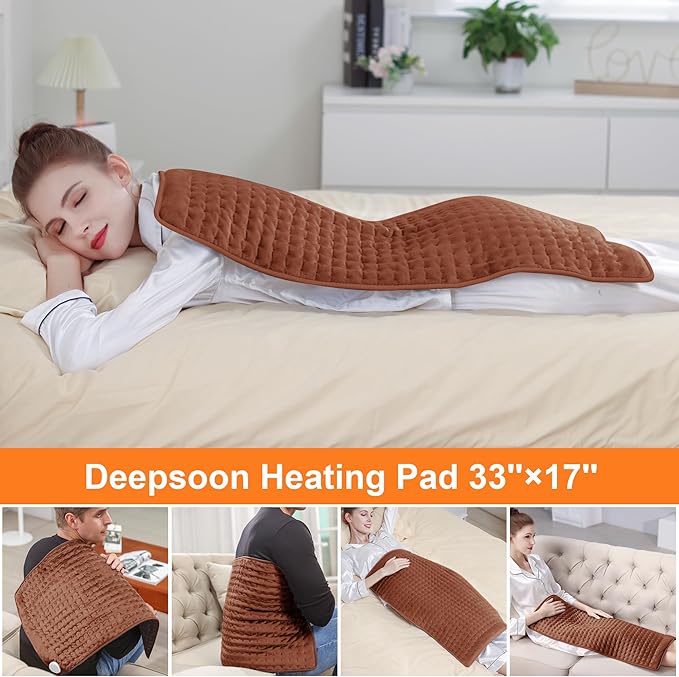 Deepsoon Heating Pad,Electric Heating Pads for Back,Neck,Abdomen,Moist Heating Pad for Shoulder,Knee,Arms,Legs,Dry/Moist Heat & Auto Shut Off,Christmas Gifts for Men and Women,Brown,33x17 Inch