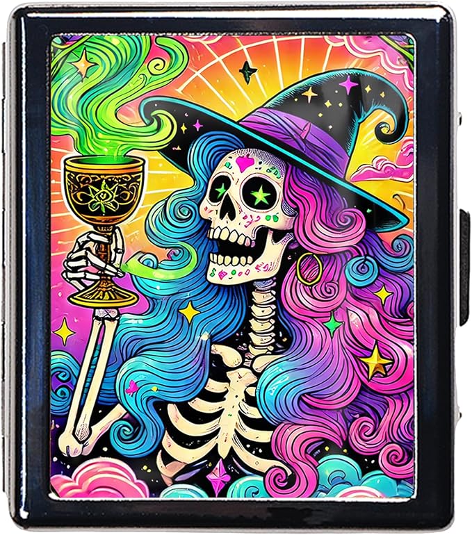 8-Compartment Pill Box Organizer Portable and Stylish Medicine Case, Versatile Storage for Medication - Ideal Travel Accessory & Unique Gift Idea (Witchy Skeleton Celebration)