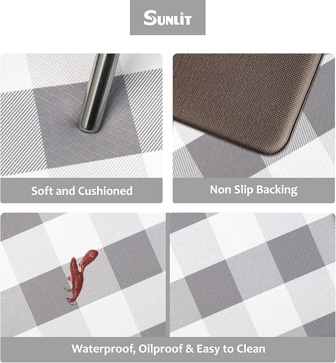 Sunlit Set of 2 Anti Fatigue Kitchen Floor Mat, Non Slip Waterproof Comfort Standing Mat, 0.4 Inch Thick Cushioned Farmhouse Kitchen Rug Runner, Gray and White Buffalo Plaid(Size:17"x28"&17"x47")