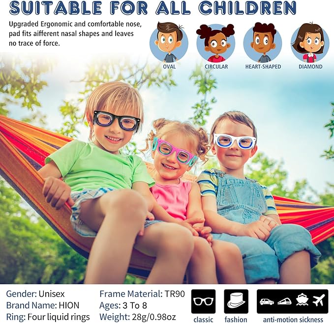 Hion 2 Pairs Kids Anti- Motion Sickness Smart Glasses, Ultra-Light Portable Nausea Relief Liquid Glasses, Carsickness Airsickness Seasickness Glasses, Kids Travel/Cruise Essentials