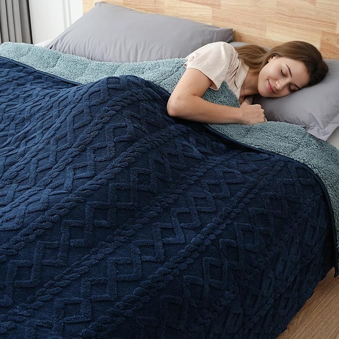Sherpa Fleece Adult Weighted Blanket Great for Sleep, 20 lbs Dual Sided Soft Fuzzy Heavy Blankets for Couch Bed Sofa, Cozy Warm Fluffy Jacquard Throw for Winter (Navy Blue, 60" x 80", 20 Pounds)