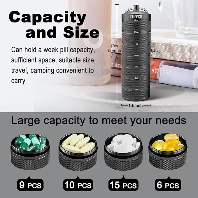 Weekly Metal Pill Organizer for Outdoor Travel, Aluminum, Waterproof, That is Shockproof and Has Large Compartments for Storing Vitamins, Fish Oil, Emergency Pills (Black)