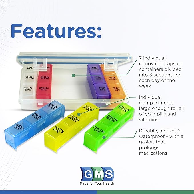 GMS 7-Day 3-Times-a-Day Pill Organizer - With Daily Removable Medication Containers, Suitable for Vitamin & Medicine Use - Secure, Sturdy, Waterproof Weekly Tablet Organizer, Ideal Pill Box for Travel