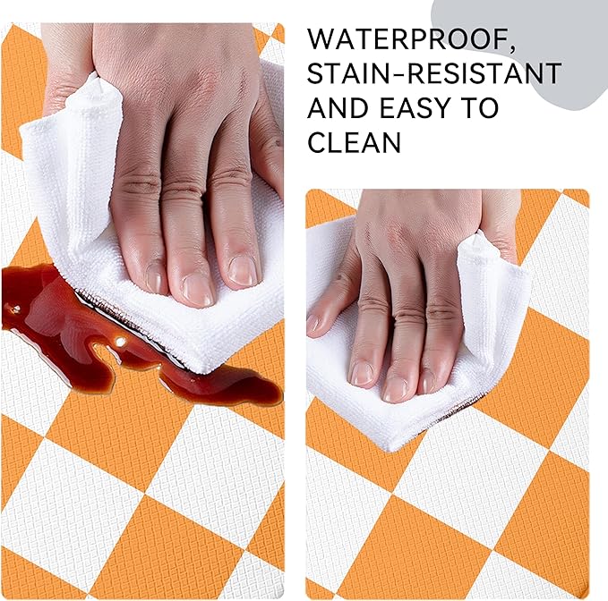 White Orange Checkered Grid Checkerboard Kitchen Rug Sets [2 PCs], Anti-Fatigue, Waterproof Non-Slip Kitchen Mats Heavy Duty Comfort Foam Rug for Kitchen, Floor, Laundry,17"x29"+17"x47"