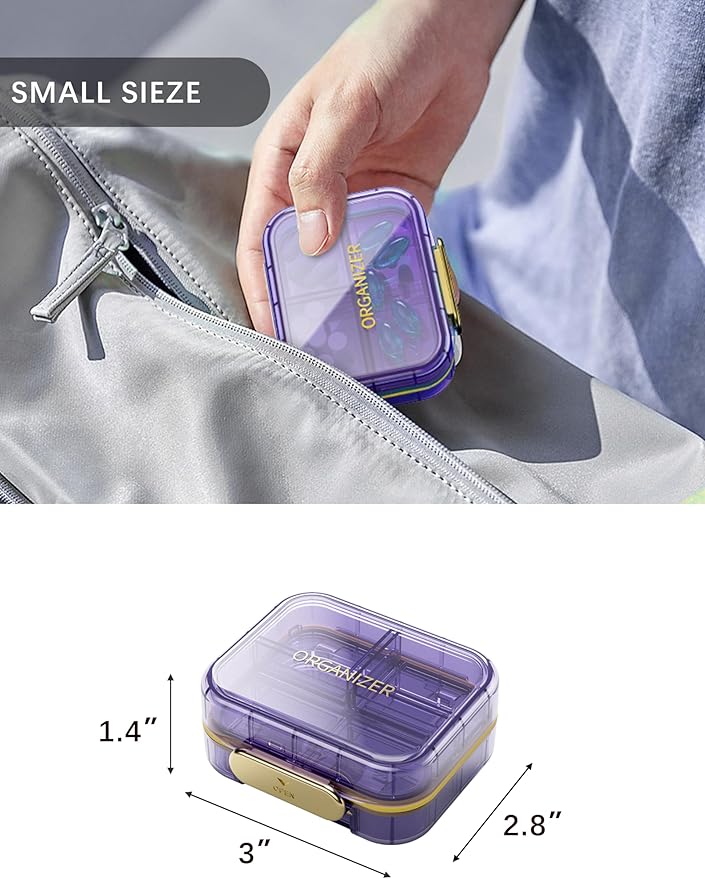 Travel Pill Organizer, 7 Compartments Pill Box, Daily Portable Pill Case to Hold Vitamins, 1 Pack Small Pill Container for Pocket Purse Medicine Organizer