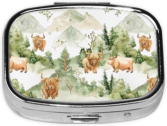 Pill Box-2 Compartment Small Pill Case Square Organizer Case with Mirror Portable Metal Medicine Box Travel Container for Pocket & Purse Women Men(Highland Cow Forest)