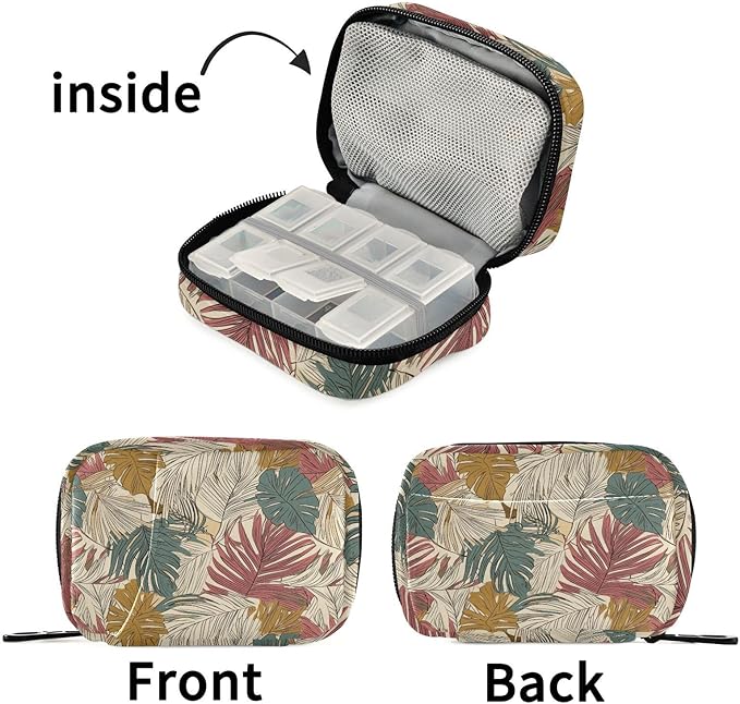 Fustylead Vintage Tropical Line Art Palm Leaves Pill Organizer for Purse, Weekly Portable Pill Box with Zipper to Storage Vitamins Fish Oils Medications Supplements