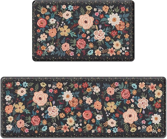 Arttown Kitchen Mats for Floor 2Pcs-Anti Fatigue Non Slip Mats for Kitchen Floor, Cushioned Waterproof & Stain-Resistant Boho Floral Mat Set, Laundry Room, Office, Sink, Desk (Black)