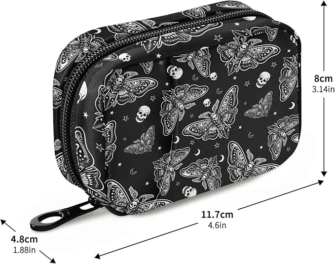 Travel Pill Organizer Bag Weekly Pill Organizer Case Goth Moth Skull Moon Esoteric Portable Small Daily Pill Boxes for Vitamin Fish Oils Supplement Holder with Zipper Compact Size