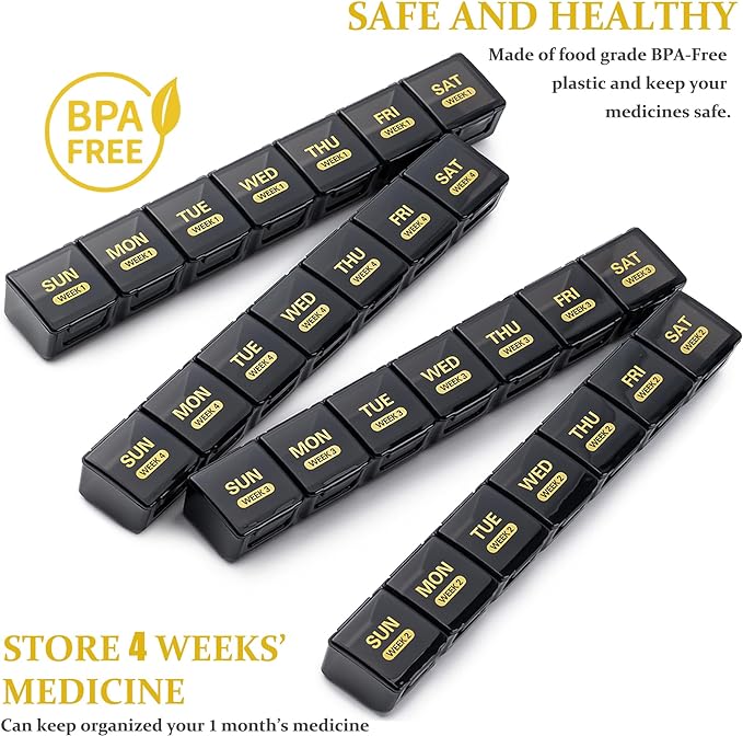 Monthly Pill Organizer, 28 Day Pill Box 1 Time a Day with Dust-Proof Case, Large 4 Weeks a Month Pill Case Container, Daily Vitamin Case Box for Pills/Medicine/Fish Oil/Supplements（Black）