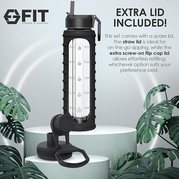 FIT Strong & Healthy 32 oz Glass Water Bottle with Straw Lid - Wide Mouth Borosilicate Glass Water Bottles with Time Marker, Silicone Sleeve & Extra Lid - 1L Large Motivational Drinking Bottle
