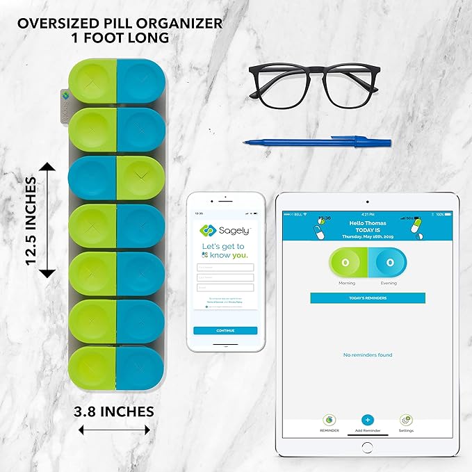 Sagely Smart XL Weekly Pill Organizer AM/PM - Medicine Storage Organizer with Reminder Alarm App (Large Enough to Fit Fish Oil, Cod Liver Oil, Vitamin D Supplements & Vitamins) (Blue/Green)