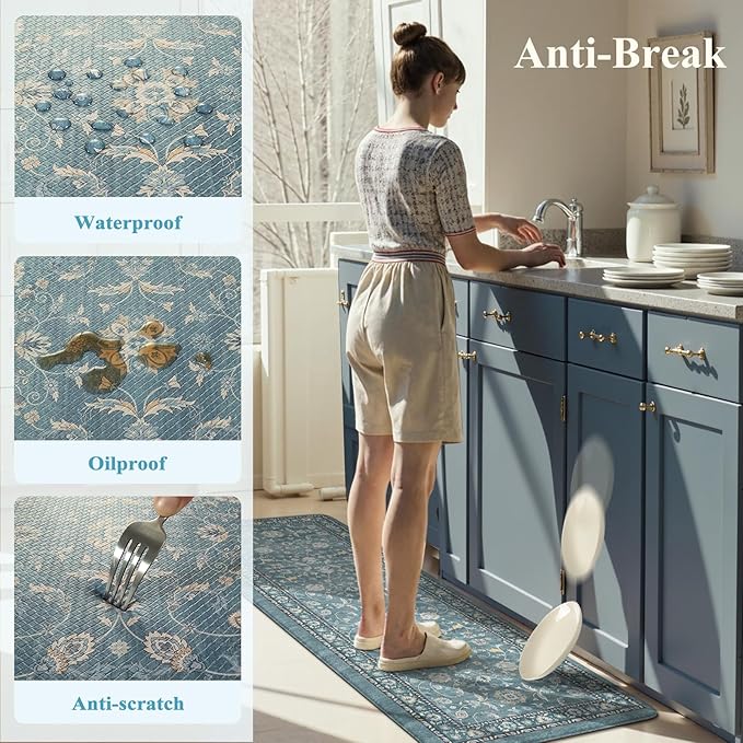 KIMODE Kitchen Floor Mats Cushioned Anti Fatigue,Comfort Memory Foam Kitchen Mats for Floor 2 Piece,Boho Vintage Floral Kitchen Rug Non Slip for Laundry Sink Office Home Decor,Blue