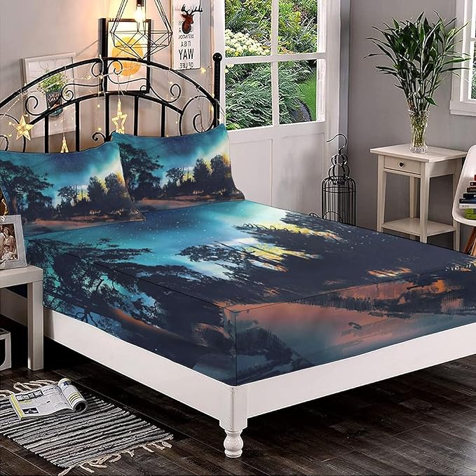 Decorative Fitted Sheet Set King Size, Fantasy Deep Pockets Fitted Sheet & 2 Pillow Sham Set(No Flat Sheet), Aurora Borealis Night Printed Microfiber Bedding 3pc Set, for Kids & Adults Bedding