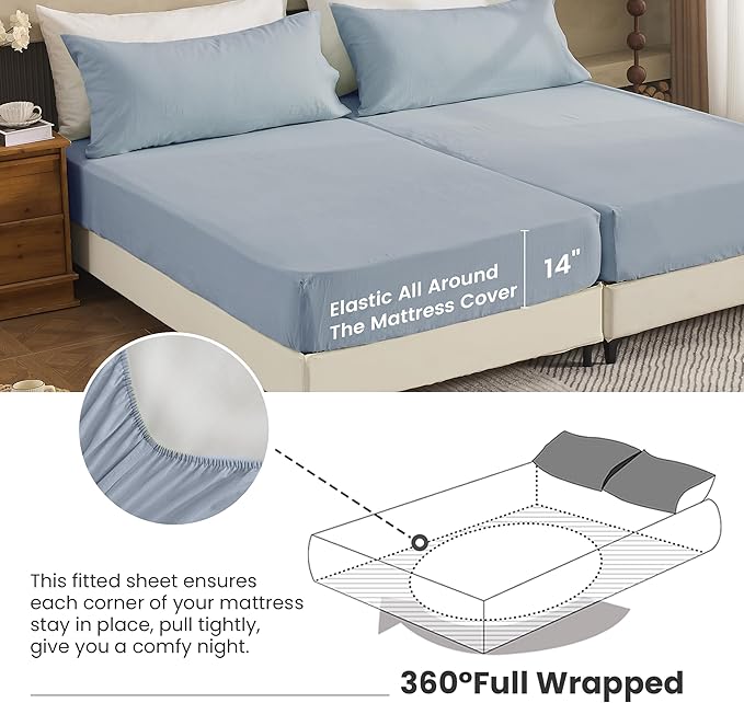 Simple&Opulence Belgian Linen Sheet Set Solid Color - 5 Pieces (1 Flat Sheet, 2 Fitted Sheets & 2 Pillowcases) Natural Flax Cotton Blend Soft Breathable Farmhouse Bedding - Split King Size, Dusty Blue