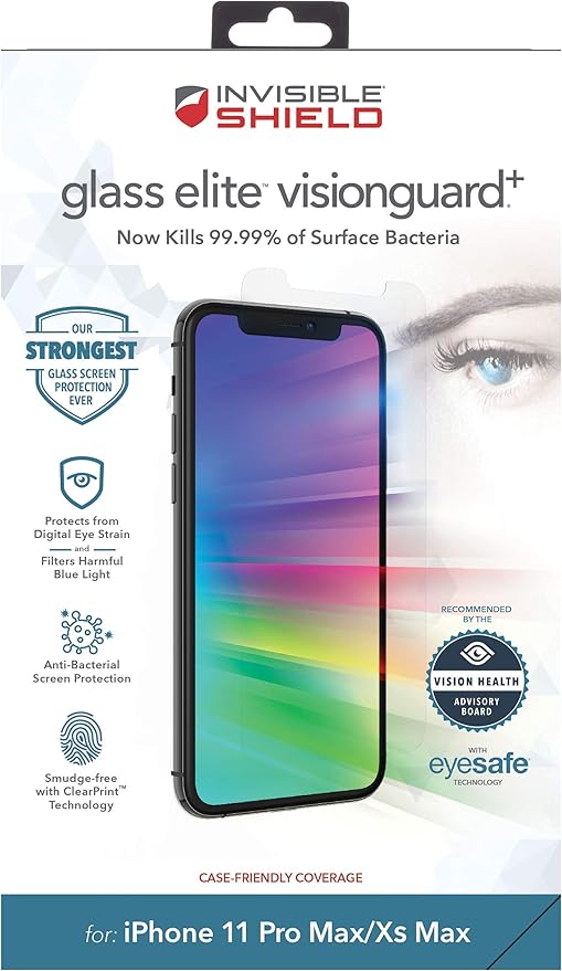ZAGG Glass Elite VisionGuard Screen Protector for Apple iPhone 11 Pro Max/Xs Max - 5X Stronger, Blue-Light Protection, Anti-Fingerprint Technology, InvisibleShield, Easy to Install
