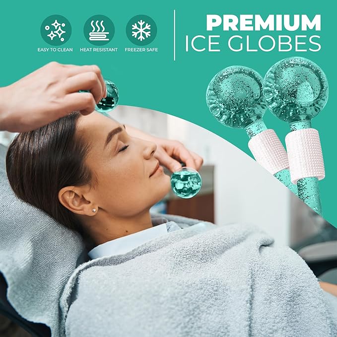 Ice Globes for Face 2Pcs – Freezer Safe Ice Globes for Facials, Skin Tightening & Anti-Aging – Reusable Facial IceGlobes for Puffiness & Wrinkles of Face, Neck & Eyes – Teal