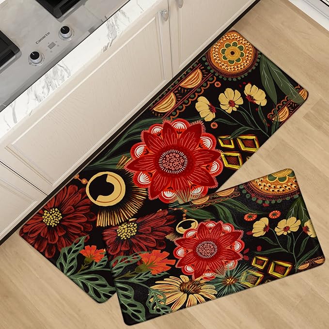 Black Boho Floral Kitchen Mats Rugs Sets of 2 Christmas Red Cushioned Anti Fatigue Floor Mat Comfort Kitchen Rugs Farmhouse Style Non Slip Waterproof Botanical Standing Mat for Sink Laundry