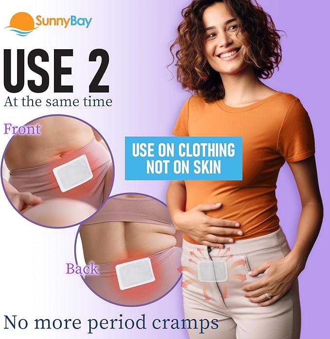 SunnyBay Heat Patches for Menstrual Cramp, Air-Activated Adhesive Heat Pads for Period, 130 F Warmth up to 8 Hours, Stick to Clothing Not Skin, 2.75 x3.5 inches, 10-Count, Pack of 2