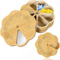 Bamboo Wood Weekly Pill Organizer for Medicine Vitamin 7 Day Round Scalloped Magnetic Pill Box Holder Flower Shape Aesthetic Tablet Box Compartments Container Portable