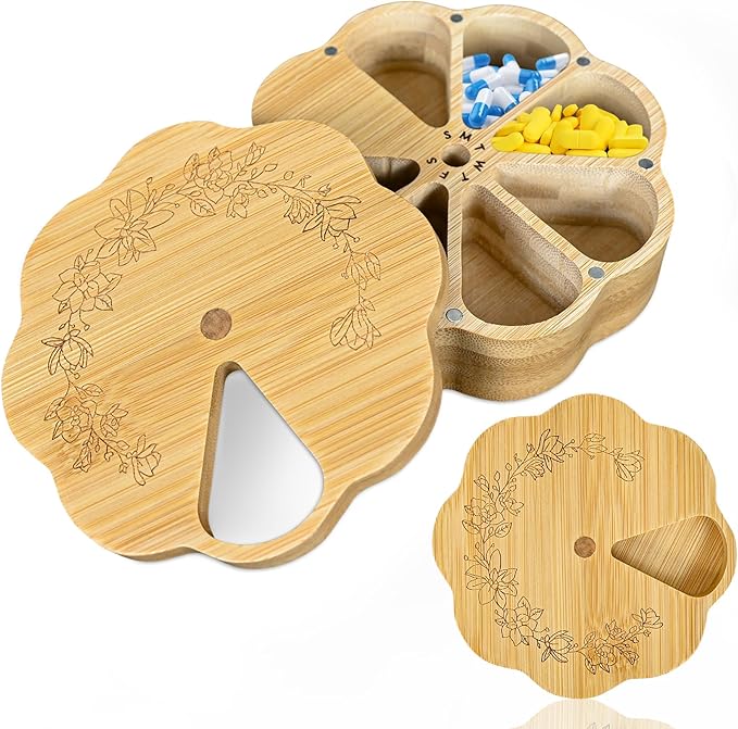 Bamboo Wood Weekly Pill Organizer for Medicine Vitamin 7 Day Round Scalloped Magnetic Pill Box Holder Flower Shape Aesthetic Tablet Box Compartments Container Portable