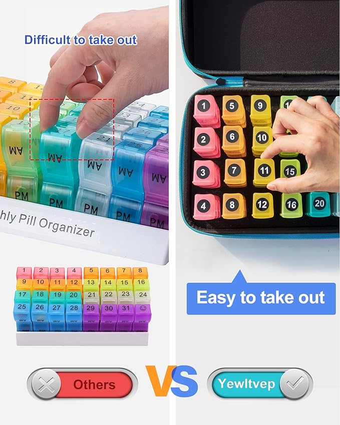 Monthly Pill Organizer 3 Times a Day with Pill Cutter, 30 Days Pill Organizer Monthly, Month Medicine Box Holder Organizer with 31 Daily Compartments, Hard Shell Travel Case & Removed Shoulder Straps