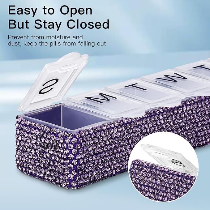 Soleebee Portable Weekly 7 Day Pill Organizer, Bling Crystal Pill Box Case, Travel Pill Planner, Pill Dispenser, Medicine Vitamin Container Organizer (Purple)