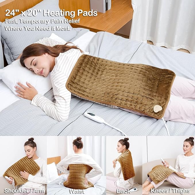 Deepsoon Heating Pad,Electric Heating Pads for Back,Neck,Abdomen,Moist Heating Pad for Shoulder,Knee,Arms,Legs,Dry/Moist Heat & Auto Shut Off,Christmas Gifts for Men and Women,Brown,24x20 Inch