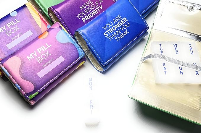 Weekly Pill Box Organizer, 8 Compartments, Portable Travel Pill Case, Folding Cover to Hold Medication, Supplements - Blue