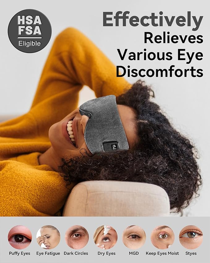 Heated Eye Mask for Dry Eyes: Warm Compress for Digital Tired Eyes, Stye Relief - Cordless, Adjustable Heat & Timer Settings - Airplane/Road Travel, Sleep aid, Office nap Grey