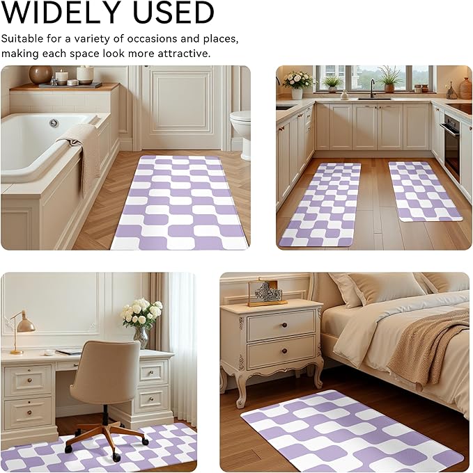 Modern Purple Retro Curvy Checkered Grid Checkerboard Kitchen Rug Sets [2 PCs], Anti-Fatigue, Waterproof Non-Slip Kitchen Mats Heavy Duty Comfort Foam Rug for Floor, Home, Laundry,17"x29"+17"x47"