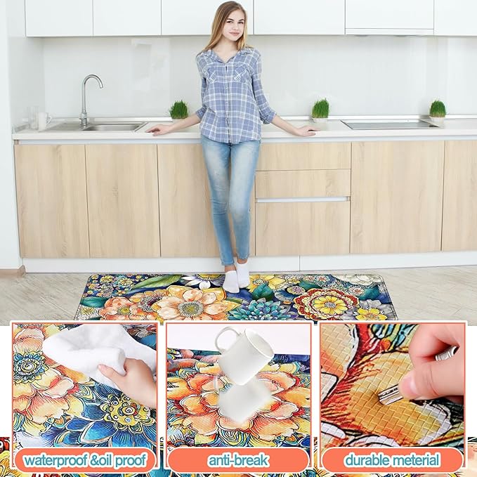 Dunzy 3 Pcs Spring Boho Floral Anti Fatigue Kitchen Mats for Floor Vintage Floral Cushioned Foam Mat Non Slip Waterproof Standing Rug Set for Sink Laundry Home, 17" x 29" 17" x 47" 17" x 59"(Boho)