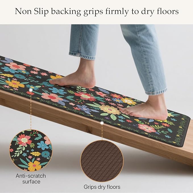 GENIMO Kitchen Mats for Floor 2PCS, Cushioned Kitchen Rugs Non Slip Washable, Farmhouse Anti Fatigue Mat Waterproof, Comfort Standing Mat Rug for Office, Home, Laundry, Sink, 20"x48"+20"x32", Black