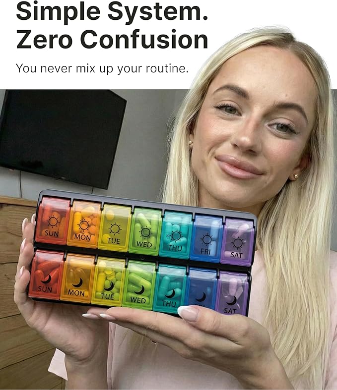 Weekly Pill Organizer 2 Times a Day, AM PM Pillbox 7 Day with Quick-Fill Bottom for Fast Weekly Refills, 14 Large Compartments for Vitamins & Supplements, Color-Coded Morning Night Medicine Case