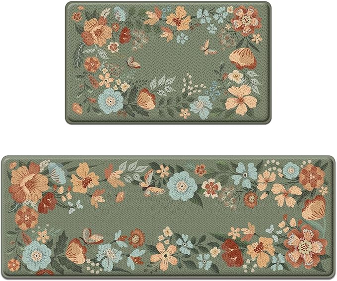 Arttown Kitchen Mats for Floor 2Pcs-Anti Fatigue Non Slip Mats for Kitchen Floor, Cushioned Waterproof & Stain-Resistant Green Plants Floral Mat Set, Laundry Room, Office, Sink, Desk (Dark Green)
