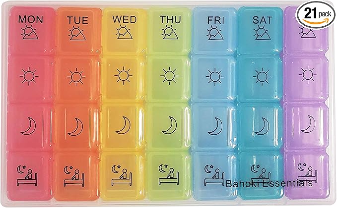 BaHoki Essentials Weekly Pill Organizer - Portable 7-Day Pill Box with 3 Times Per Day Compartments