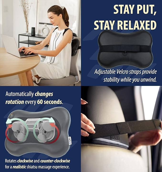 Zyllion Shiatsu Back and Neck Massager with Heat - Cordless Rechargeable 3D Electric Kneading Deep Tissue Massage Pillow for Muscle Pain Relief, Black, ZMA-13RB