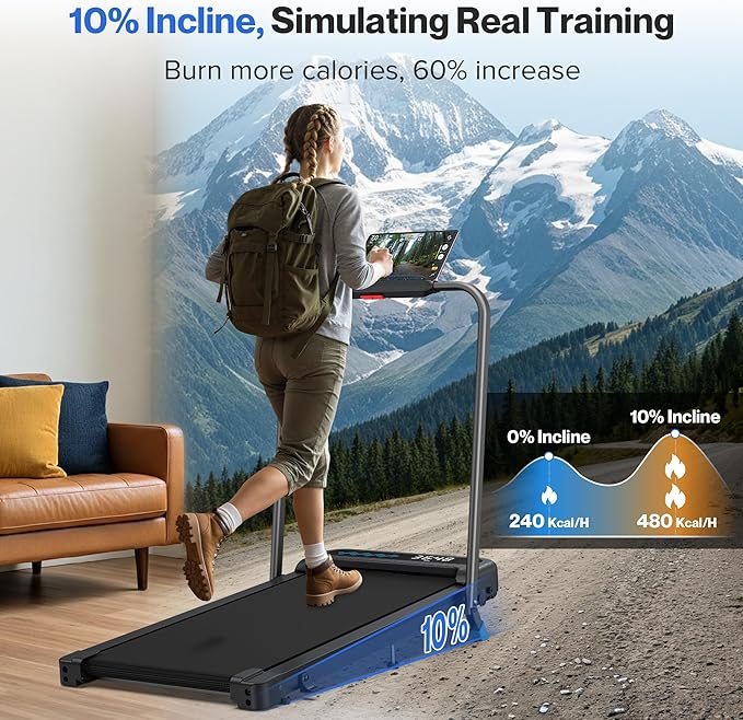 Foldable Treadmill with 10% Incline, 4 in 1 Compact Walking Pad Treadmill with Handle Bar for Home Small Spaces, 3.0HP Portable Quiet Under Desk Treadmills, 350 LBS Capacity, Smart APP, LED Display