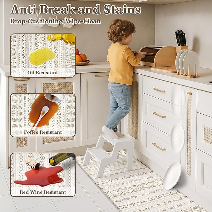 Arttown Anti Fatigue Mats for Kitchen Floor, Boho Moroccan Farmhouse Kitchen Mats Cushioned Anti Fatigue Rug, Waterproof Non-Slip Washable Kitchen Rugs and PVC - Brown/Cream